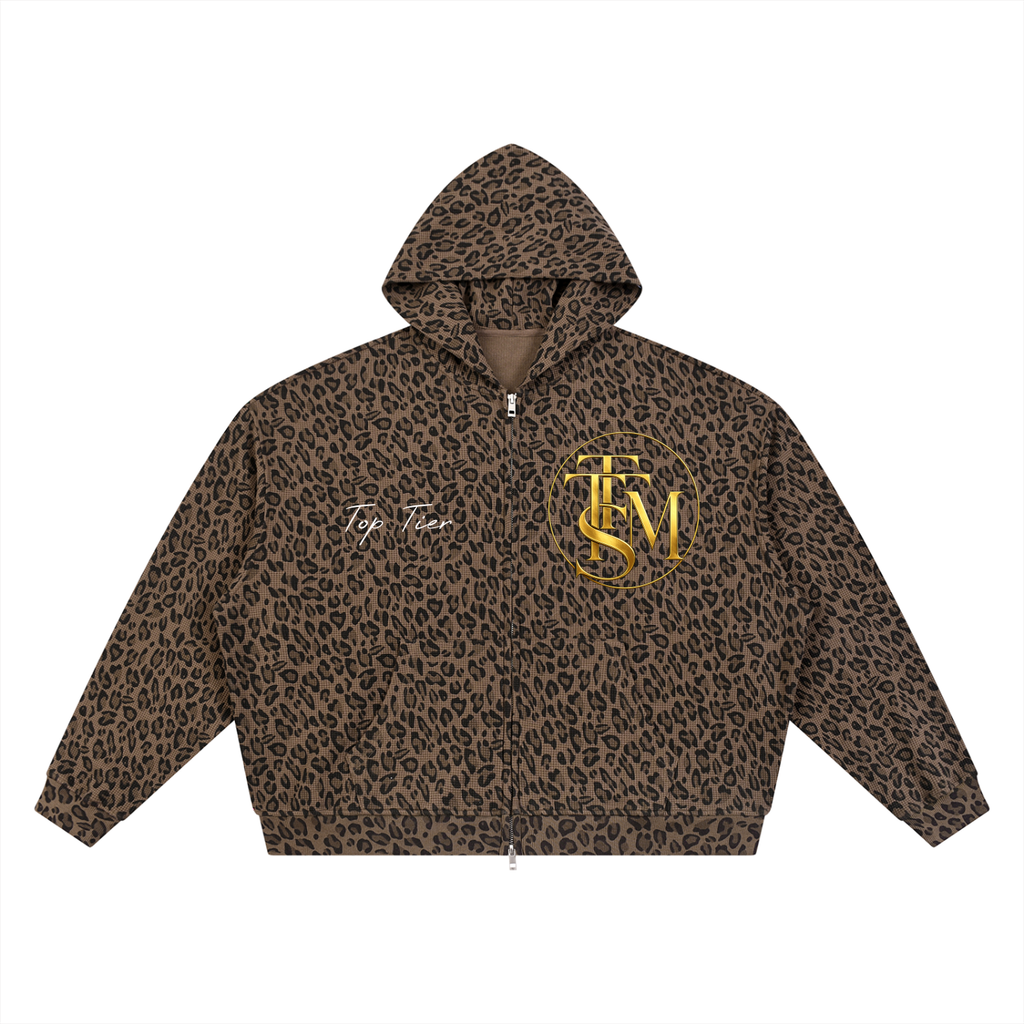 Unisex Leopard Print Waffle Full Zip Hoodie