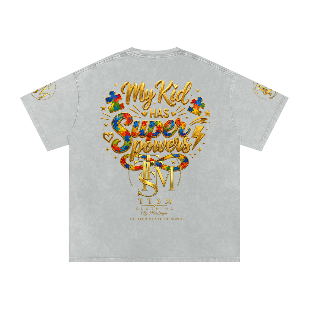 MY KID HAS SUPER POWERS Snow Washed Oversized Cotton T-Shirt